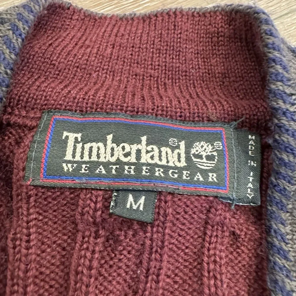 Vintage Timberland Sweater Mens M V-Neck Wool Italy Tennis Cable Knit 90s Preppy